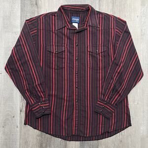 Wrangler Pearl Snap Shirt VTG Red Black 90s Western Striped Cowboy Size XL